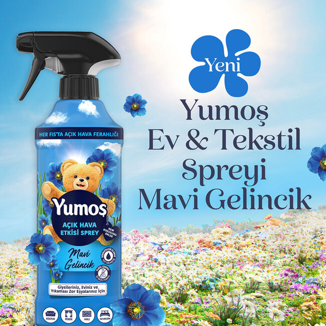 Yumos Spray Effet Air Frais Coquelicot Bleu 430 ml – Spray Maison et Textile pour Canapés, Rideaux, Tapis et Vêtements – Formule à Base d’Eau Sans Alcool