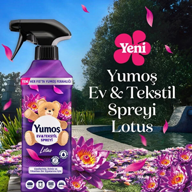 Yumos Lotus Haus- und Textilspray 450 ml – Duftspray für Sofa, Vorhänge, Teppiche und Bettwäsche – Alkoholfreie Formel auf Wasserbasis