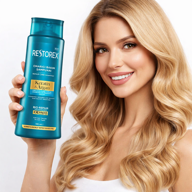 Restorex Shampooing Kératine & Huile d’Argan 500 ml – Soin Capillaire Nourrissant à la Kératine et à l’Huile d’Argan pour des Cheveux Plus Forts et Brillants