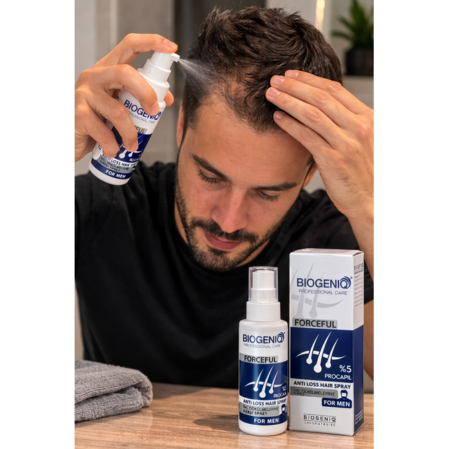 Biogeniq Forceful %5 Procapil Anti-Hair Loss Spray voor Mannen 60 ml – Professionele Haaruitval Behandeling met Procapil Complex – Versterkt Haarwortels