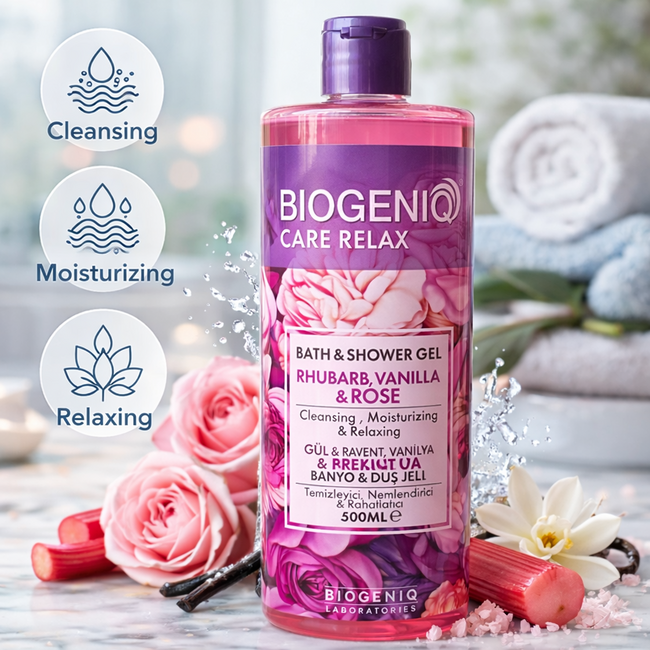 Biogeniq Care Relax Gel Douche Rose & Vanille 500 ml – Gel Bain et Douche Nettoyant et Hydratant