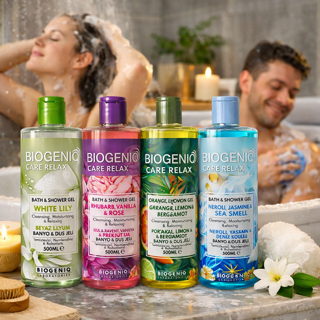 Biogeniq Care Relax Bath & Shower Gel Voordeelset 4 x 500 ml – White Lily, Rhubarb Vanilla & Rose, Orange Lemon & Bergamot, Neroli Jasmine & Sea Smell