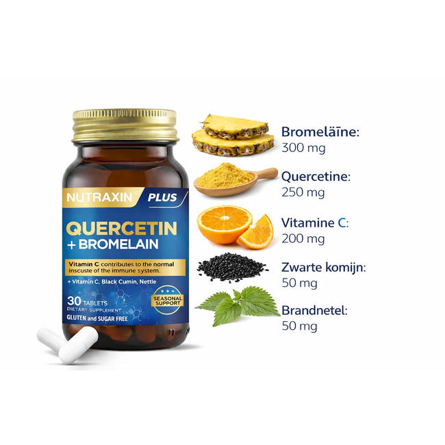 Nutraxin   Quercetin + Bromelain 60 Tabletas – Con Quercetina, Bromelina, Vitamina C, Comino Negro y Ortiga