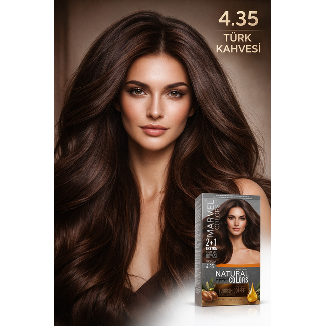Marvel   Natural Colors 4.35 Brun (Turkish Coffee) Coloration Crème Permanente – Ton Brun Foncé Chaud, Pigmentation Intense, Résultat Professionnel, Enrichie en Huile d’Argan et d’Olive, Set 2+1