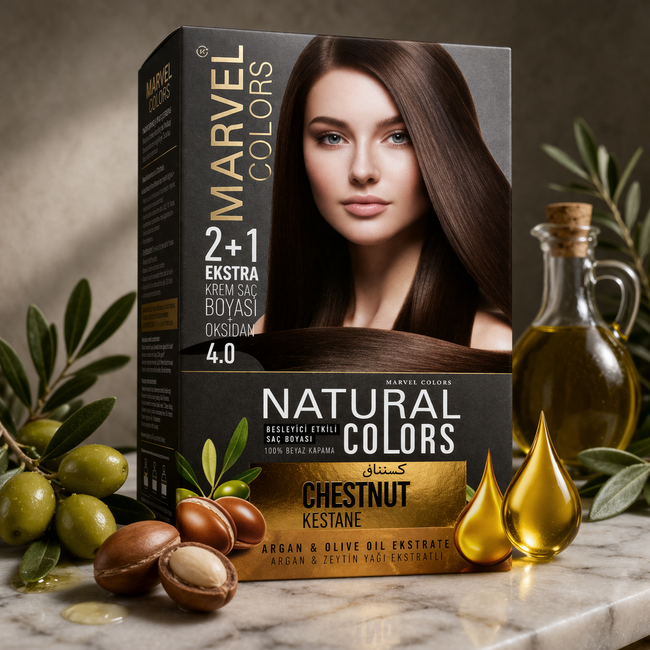 Marvel   Natural Colors 4.0 Castaño Tinte Permanente en Crema – Tono Castaño Oscuro Natural, Pigmentación Intensa, 100% Cobertura de Canas, Enriquecido con Aceite de Argán y Oliva, Set 2+1