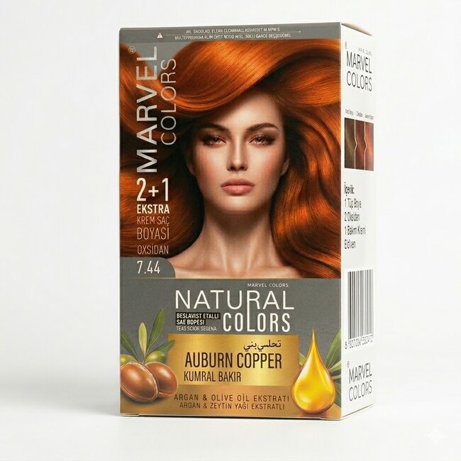 Marvel   Natural Colors 7.44 Auburn Copper Haarverf 2+1 Set – Met Argan- en Olijfolie-extract, Intens Koperen Kleur, Voedende Formule en 100% Grijsdekking
