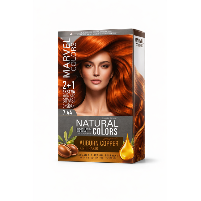 Marvel   Natural Colors 7.44 Auburn Copper Hair Dye 2+1 Set – Enriched with Argan & Olive Oil Extracts, Intense Copper Color, Nourishing Formula and 100% Grey Coverage