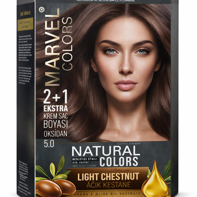 Marvel   Natural Colors 5.0 Light Chestnut Coloration Permanente 2+1 avec Extraits d’Huile d’Argan et d’Olive – Couleur Intense, Formule Nourrissante et Couverture Totale des Cheveux Blancs