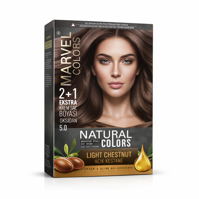Marvel   Natural Colors 5.0 Light Chestnut Coloration Permanente 2+1 avec Extraits d’Huile d’Argan et d’Olive – Couleur Intense, Formule Nourrissante et Couverture Totale des Cheveux Blancs