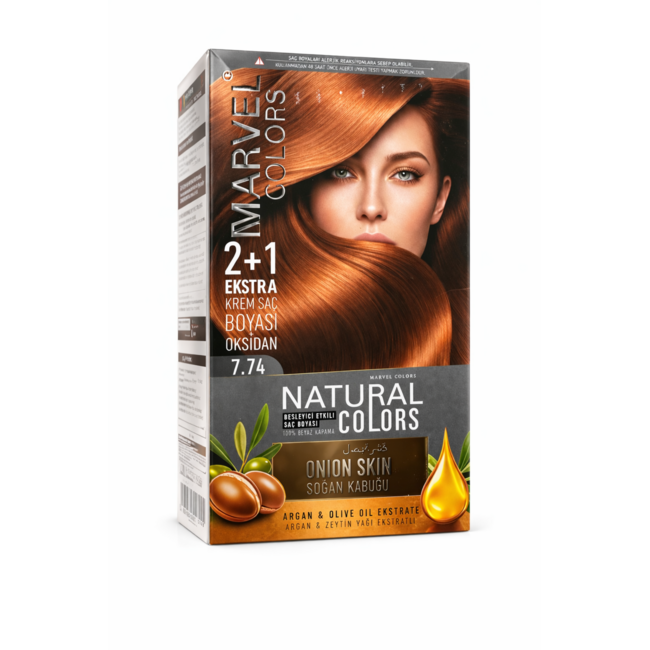 Marvel   Natural Colors 7.74 Uienschil Kleur Permanente Crème Haarverf 2+1 Set – Met Arganolie en Olijfolie Extract, Intense Glans, 100% Grijsdekking
