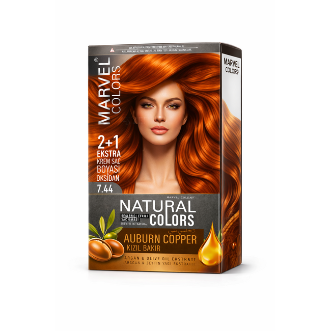 Marvel   Natural Colors 7.44 Auburn Copper Haarfarbe 2+1 Set – Mit Argan- und Olivenöl-Extrakt, Intensiver Kupferton, Pflegende Formel und 100% Grauabdeckung