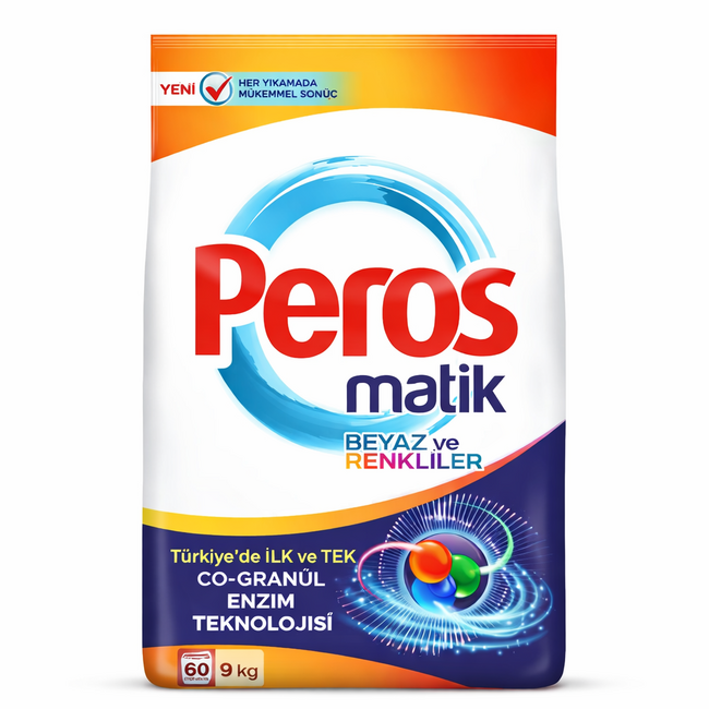 Peros Matik White and Colors 9 kg – Laundry Detergent with Co-Granule Enzyme Technology | Deep Cleaning and Color Protection