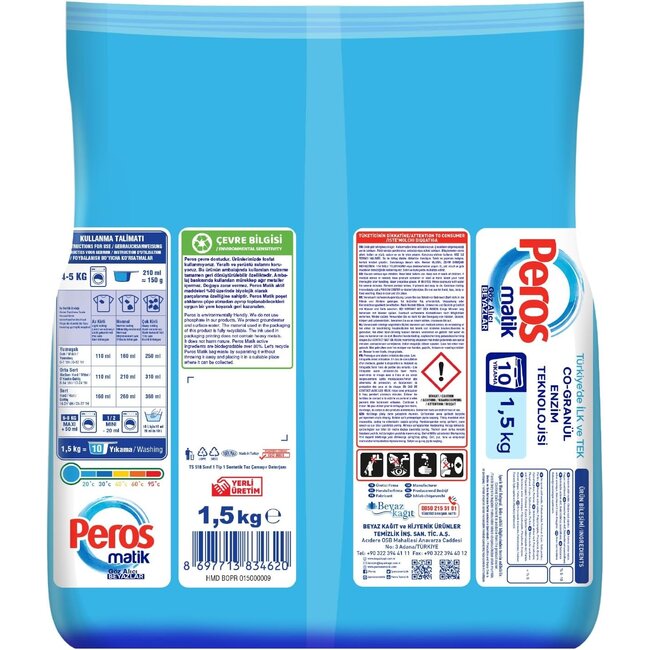 Peros Washing Powder Brilliant Whites 1.5 kg – Laundry Detergent for White Fabrics | Deep Cleaning and Bright White Results