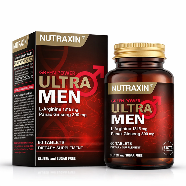 Nutraxin   Ultra Men Suplemento Alimenticio 60 Tabletas con L-Arginina & Ginseng + Spray Stag 9000 20 ml – Combinación Bienestar y Cuidado para Hombre