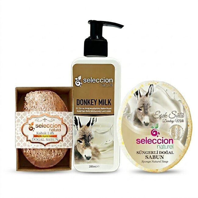 Seleccion Naturel 3’lü Eşek Sütü Cilt Bakım Seti  – Temizleme + Peeling + Nemlendirme – Kabak Lifli Eşek Sütü Sabunu, Süngerli Sabun ve 250 ml Bakım Kremi