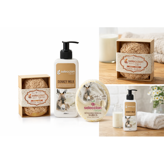 Seleccion Naturel 3’lü Eşek Sütü Cilt Bakım Seti  – Temizleme + Peeling + Nemlendirme – Kabak Lifli Eşek Sütü Sabunu, Süngerli Sabun ve 250 ml Bakım Kremi