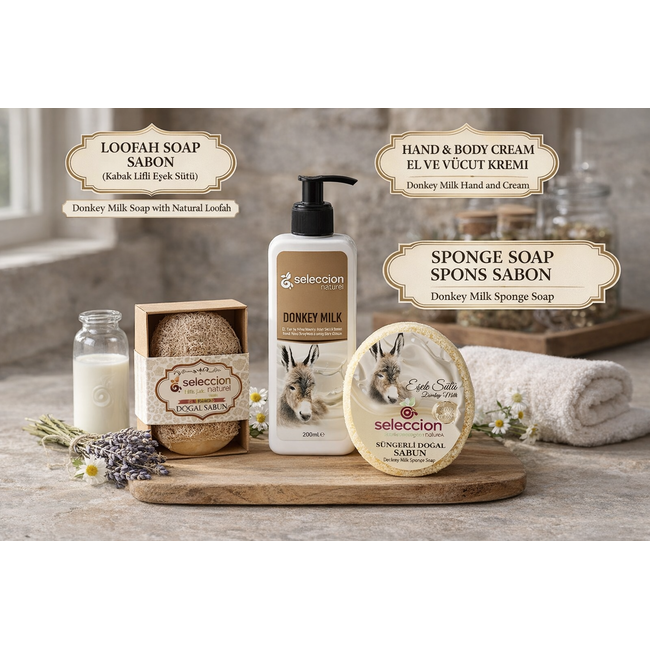 Seleccion Naturel 3’lü Eşek Sütü Cilt Bakım Seti  – Temizleme + Peeling + Nemlendirme – Kabak Lifli Eşek Sütü Sabunu, Süngerli Sabun ve 250 ml Bakım Kremi
