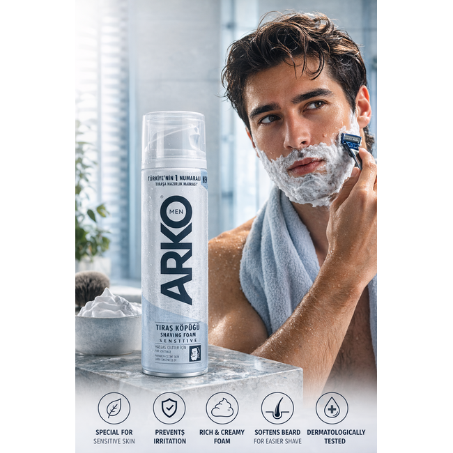ARKO Men Sensitive Rasierschaum 200 ml – Sanfte und Komfortable Rasur für Empfindliche Haut