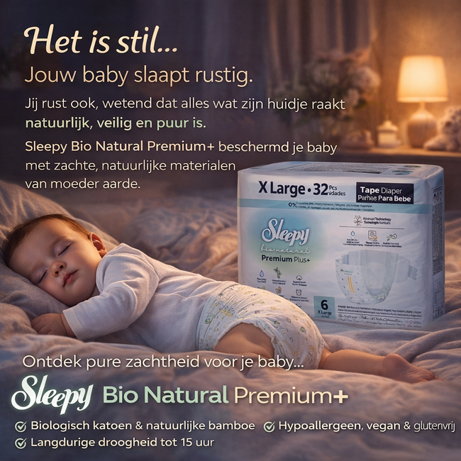 Sleepy Bio Natural Premium+ Bebek Bezi 6 Numara (15-25 kg) 32 Adet – Şeker Kamışı Biyopolimer, Organik Pamuk ve Doğal Bambu İçerikli, 15 Saate Kadar Koruma, Parfümsüz ve Hassas Ciltlere Uygun