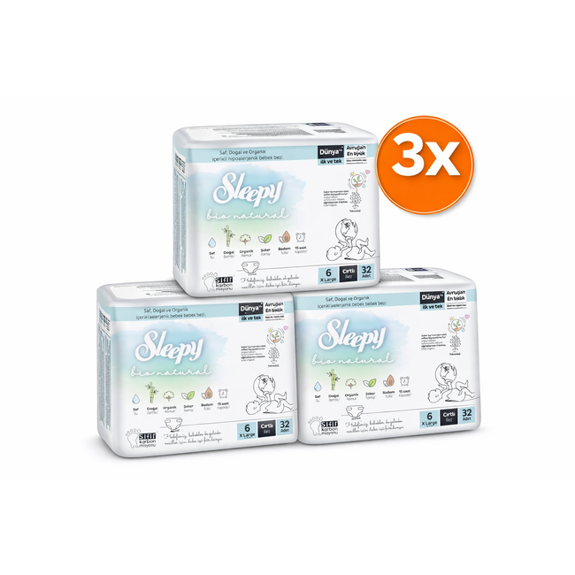 Sleepy Bio Natural Premium+ Windeln Größe 6 (15-25 kg) 32 Stück – Mit Biopolymer aus Zuckerrohr, Bio-Baumwolle und Bambus, Bis zu 15 Stunden Schutz, Parfümfrei und Für Empfindliche Haut