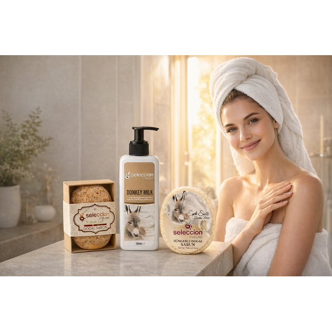 Seleccion Naturel 3’lü Eşek Sütü Cilt Bakım Seti  – Temizleme + Peeling + Nemlendirme – Kabak Lifli Eşek Sütü Sabunu, Süngerli Sabun ve 250 ml Bakım Kremi