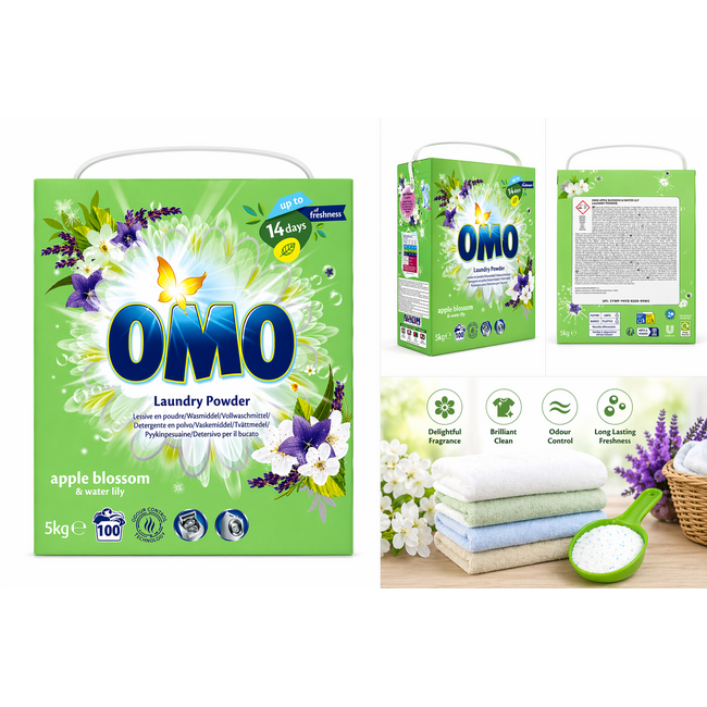 OMO Lessive en poudre Color Fleur de Pommier & Nénuphar 5 kg – 100 Lavages – Élimination Puissante des Taches & Fraîcheur Longue Durée