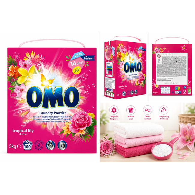 OMO Detergente en polvo  Color Tropical Lily & Rose 5 kg – 100 Lavados – Eliminación Potente de Manchas y Frescura 14 Días