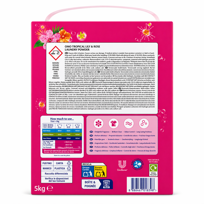 OMO Detergente en polvo  Color Tropical Lily & Rose 5 kg – 100 Lavados – Eliminación Potente de Manchas y Frescura 14 Días