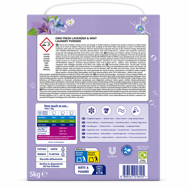 OMO Detergente en polvo Fresh Lavender & Mint 5 kg – 100 Lavados – Limpieza Potente y 14 Días de Frescura