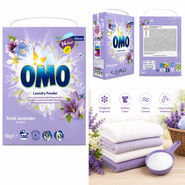OMO Detergente en polvo Fresh Lavender & Mint 5 kg – 100 Lavados – Limpieza Potente y 14 Días de Frescura