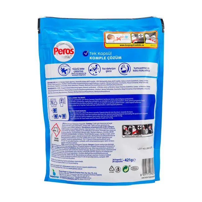 Peros Capsules de Lavage Pratiques Blanc 26 Lavages – Élimination Puissante des Taches & Blancheur Éclatante
