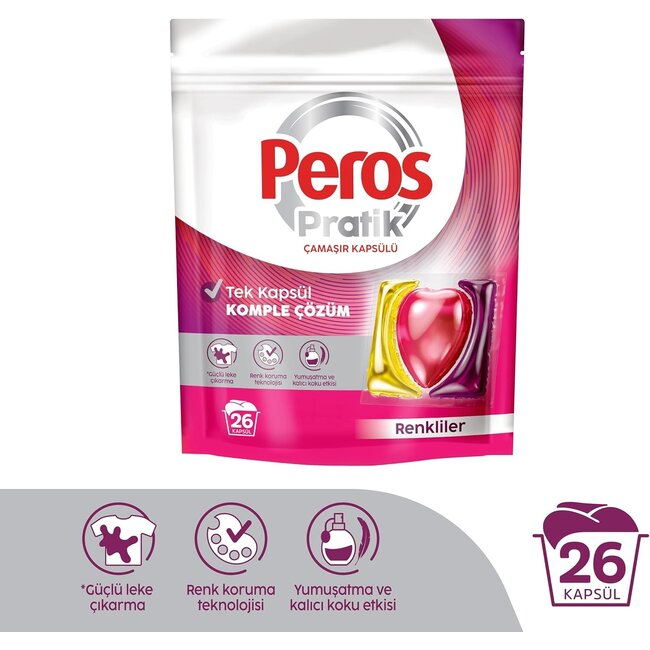 Peros Pratik Renkliler Çamaşır Kapsülü 26’lı – Tek Kapsülde Güçlü Leke Çıkarma & Renk Koruma