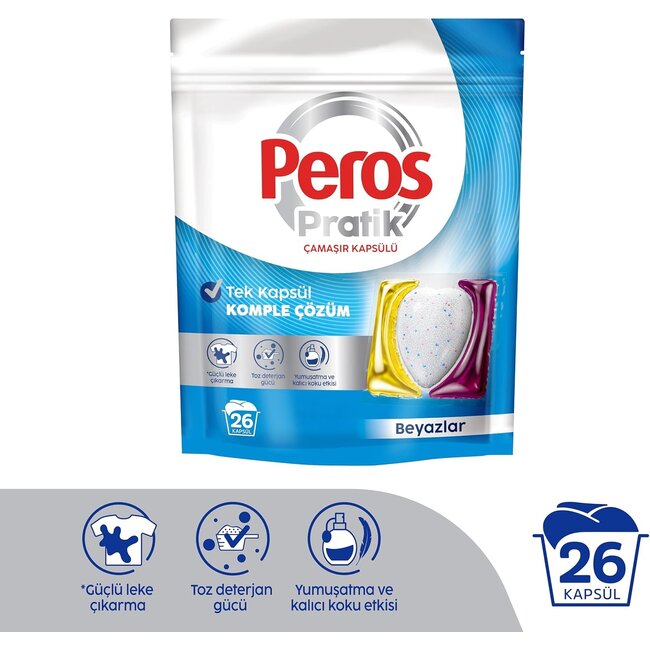 Peros Cápsulas de Lavado Prácticas para Ropa Blanca 26 Lavados – Eliminación Potente de Manchas y Blancura Brillante