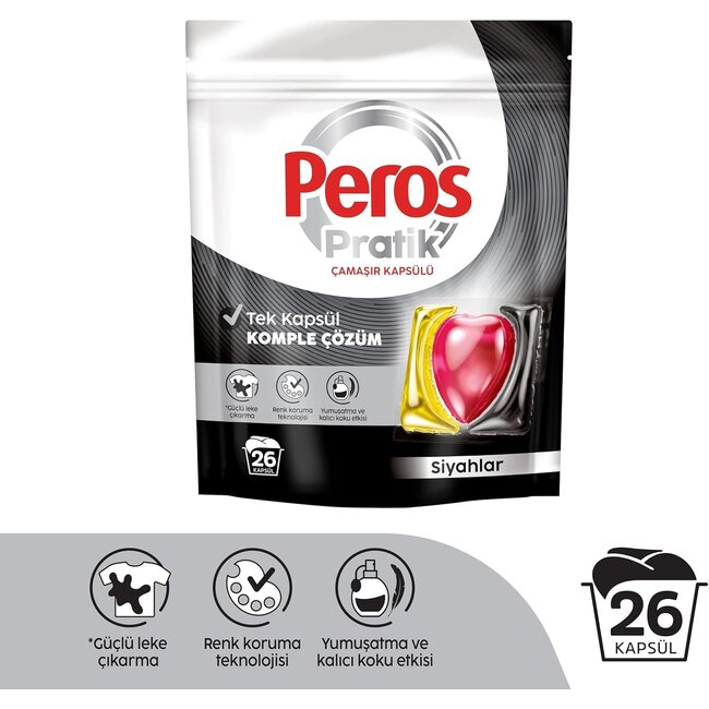 Peros Pratik Siyahlar Çamaşır Kapsülü 26 Yıkama – Renk Koruma & Derin Temizlik Etkisi