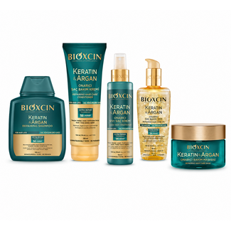 Bioxcin Coffret Soin Capillaire Bioxcin Keratin & Argan | Shampooing 300 ml + Huile 150 ml + Crème 250 ml + Après-shampoing 150 ml + Masque 225 ml — Soin Anti-Chute & Réparation Intense