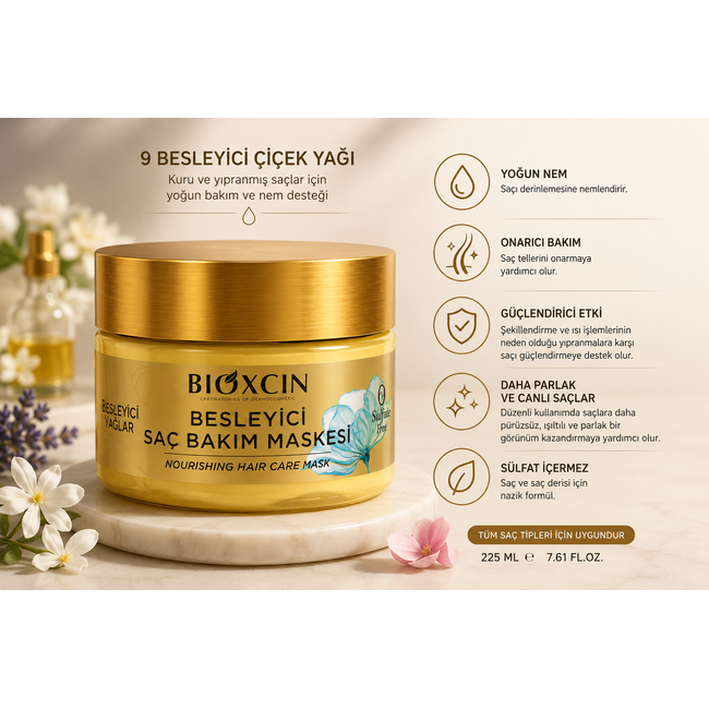 Bioxcin Besleyici Yağlar Saç Bakım Maskesi 225 ml | 9 Çiçek Yağı ve Pantenol İçeren Nemlendirici ve Onarıcı Saç Maskesi
