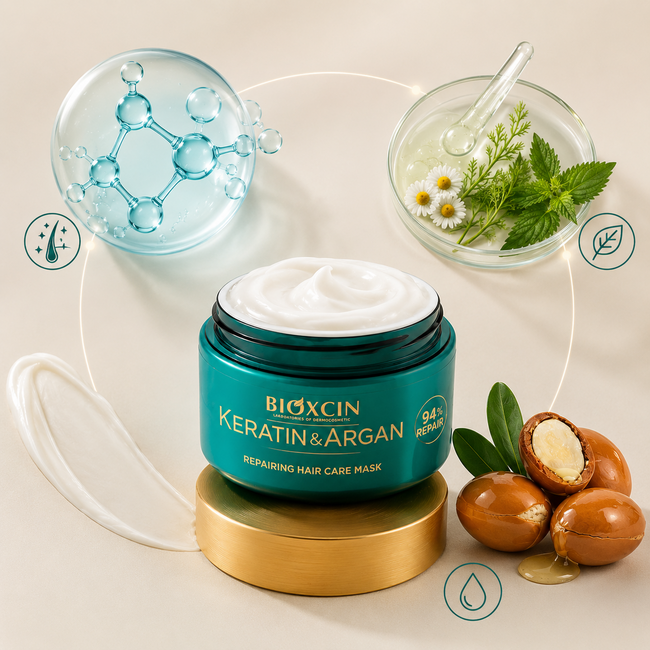 Bioxcin Keratin & Argan Masque Réparateur pour Cheveux 225 ml | Pour Cheveux Abîmés et Secs