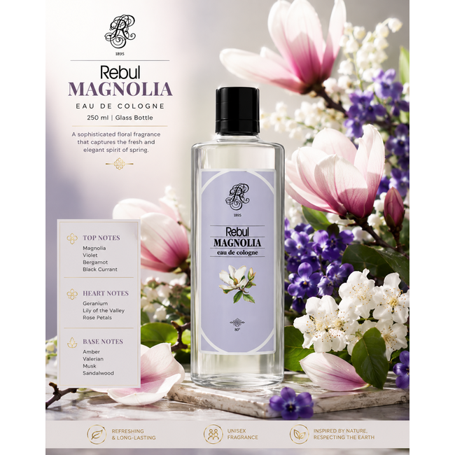 Rebul Magnolia EDC Cologne 250 ml Glass Bottle | Elegant & Fresh Floral Unisex Fragrance