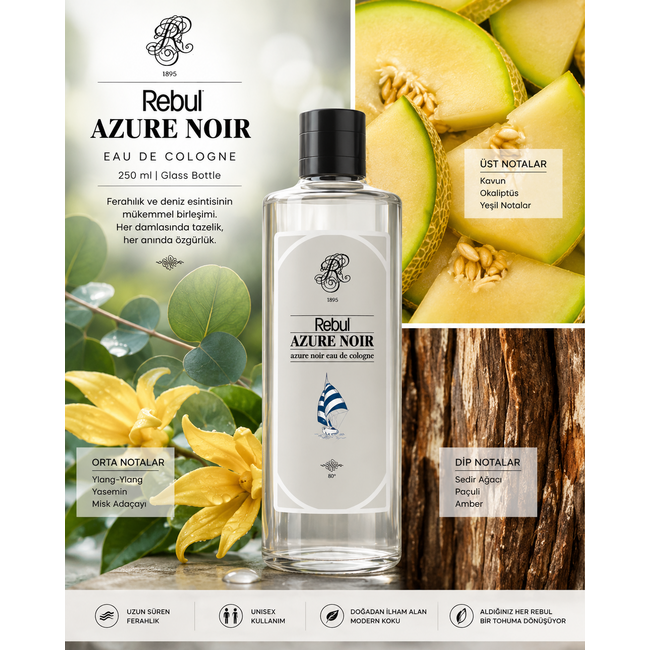 Rebul Azure Noir EDC Kölnisch Wasser 250 ml Glasflasche | Frischer Unisex Duft mit Maritimen Noten