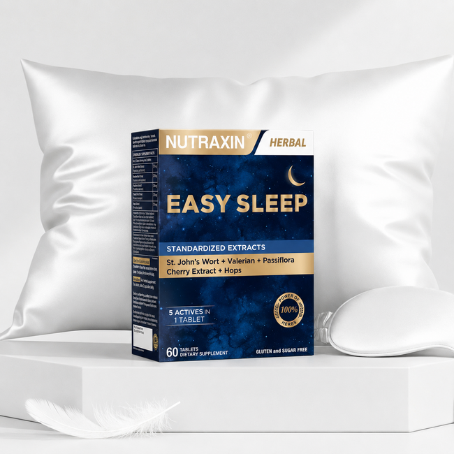 Nutraxin   Easy Sleep Complemento Alimenticio Herbal 60 Comprimidos – Con Extractos de Hierba de San Juan, Cereza, Raíz de Valeriana, Pasiflora y Lúpulo