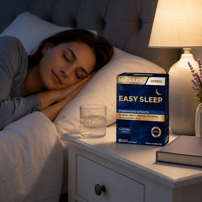 Nutraxin   Easy Sleep Complemento Alimenticio Herbal 60 Comprimidos – Con Extractos de Hierba de San Juan, Cereza, Raíz de Valeriana, Pasiflora y Lúpulo