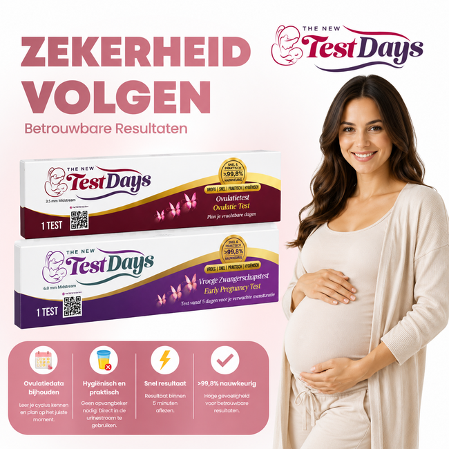TestDays Ovulatie- en Zwangerschapstest 1+1 Pakket – Praktische Midstream Testset voor Thuisgebruik