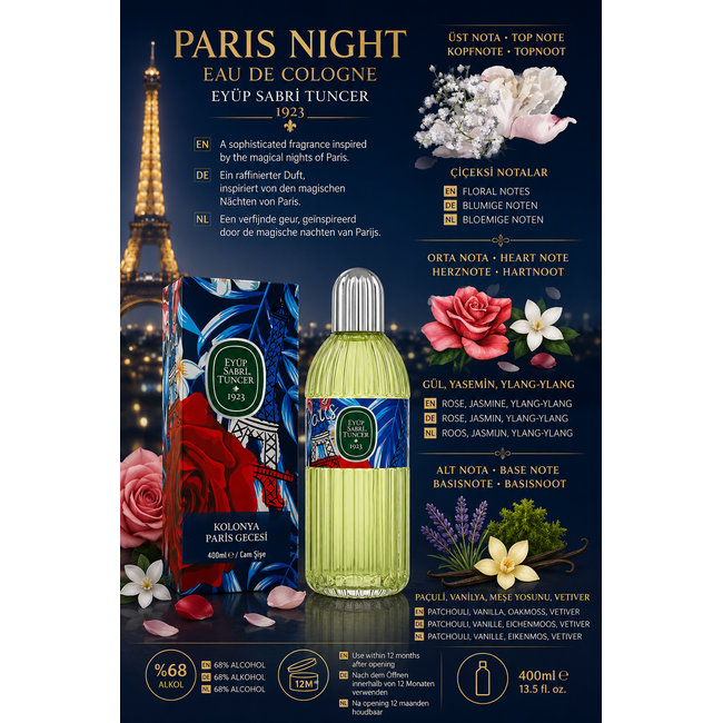 Eyup  Sabri Tuncer Paris Nacht Eau de Cologne 400 ml Glazen Fles – Elegante Bloemige en Oriëntaalse Geur