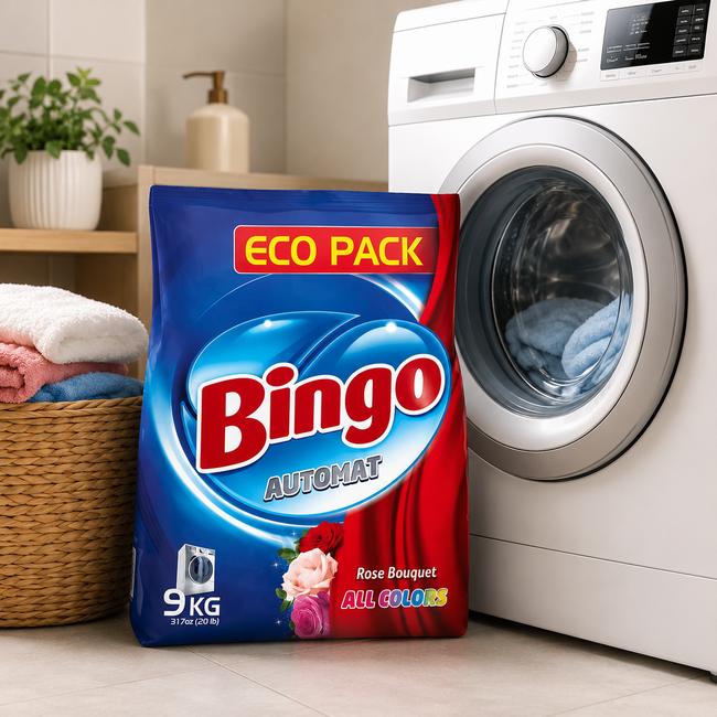 Bingo Toz Çamaşır Deterjanı Tüm Renkler 9 Kg | Güçlü Temizlik ve Ferah Gül Kokusu