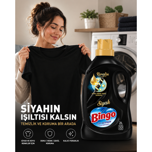 Bingo Lessive Liquide Noir 2000 ml – 33 Lavages | Pour Linge Noir et Foncé