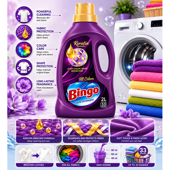 Bingo Repair Care Liquid Laundry Detergent 2000 ml – 33 Washes | Fabric Care & Effective Cleaning