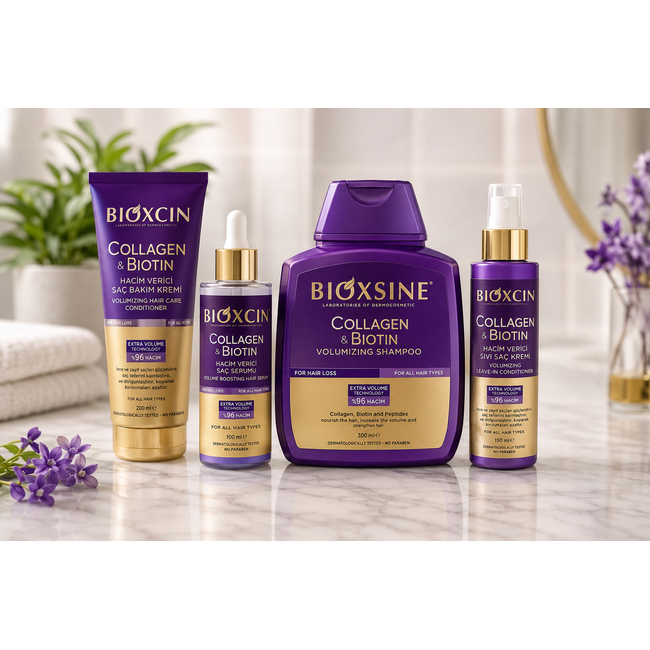 Bioxcin Kolajen & Biotin Saç Bakım Seti – Şampuan 300ml, Sıvı Saç Kremi 100ml , Saç Bakım Kremi 250ml ve Serum 100ml