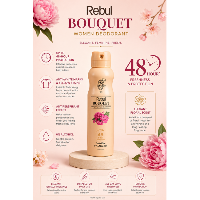 Rebul Bouquet Women's Deodorant Spray 150 ml | 48-Hour Protection | Alcohol-Free Antiperspirant