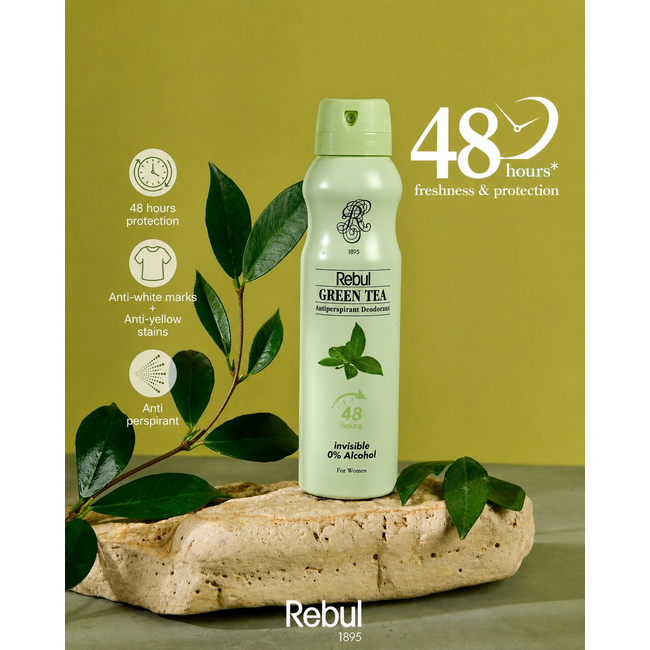 Rebul Green Tea Women's Deodorant Spray 150 ml | 48-Hour Protection | Alcohol-Free Antiperspirant