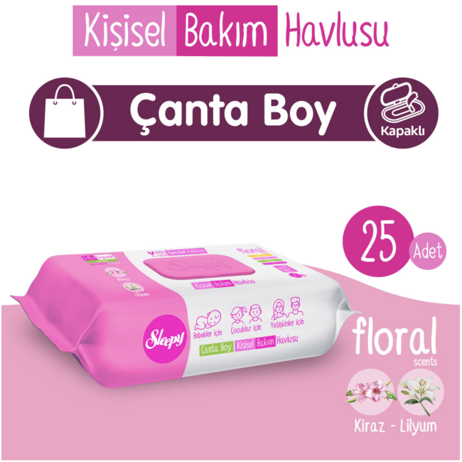 Sleepy Floral Kişisel Bakım Havlusu Kiraz & Lilyum Çanta Boy 25 Yaprak